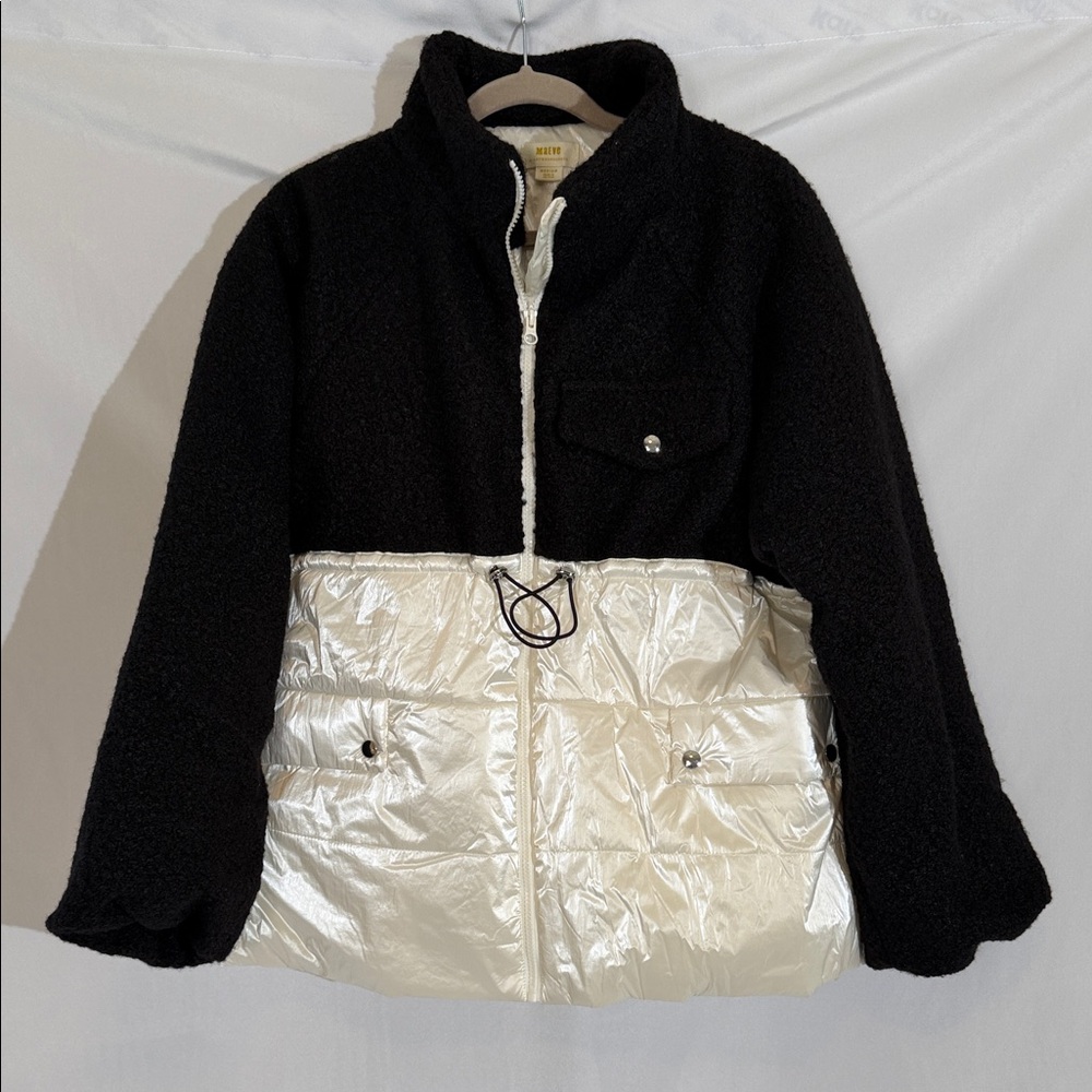 NWT Anthropologie Maeve Sherpa Coat Jacket Black And Cream Size M